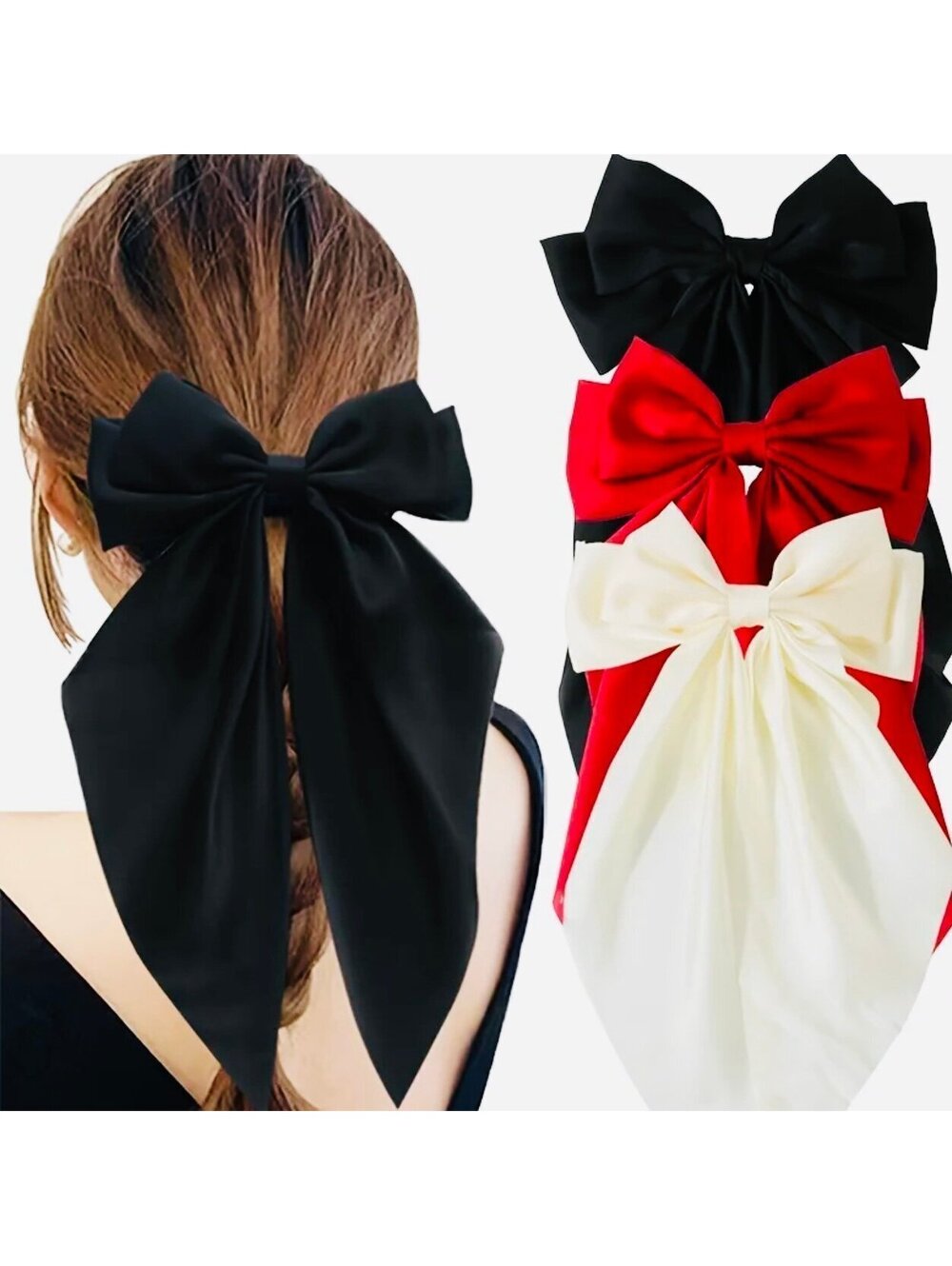 New - 3Pcs - Silky Satin Large Hair Bow Clips Bundle- Red/White/Black